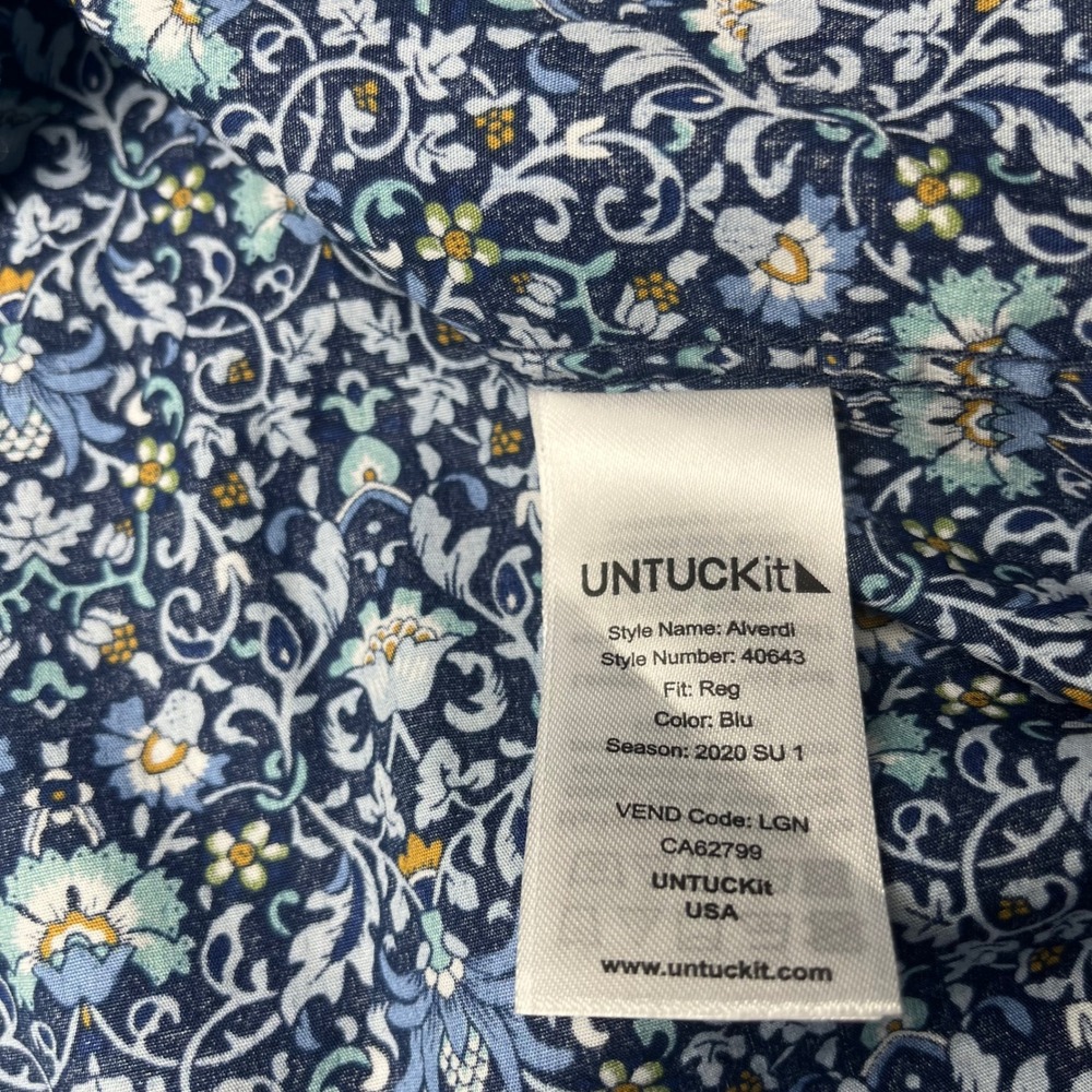 UNTUCKit Alverdi Button Down Shirt Mens XXL Blue Floral Damask Short Sleeve - Picture 8 of 9